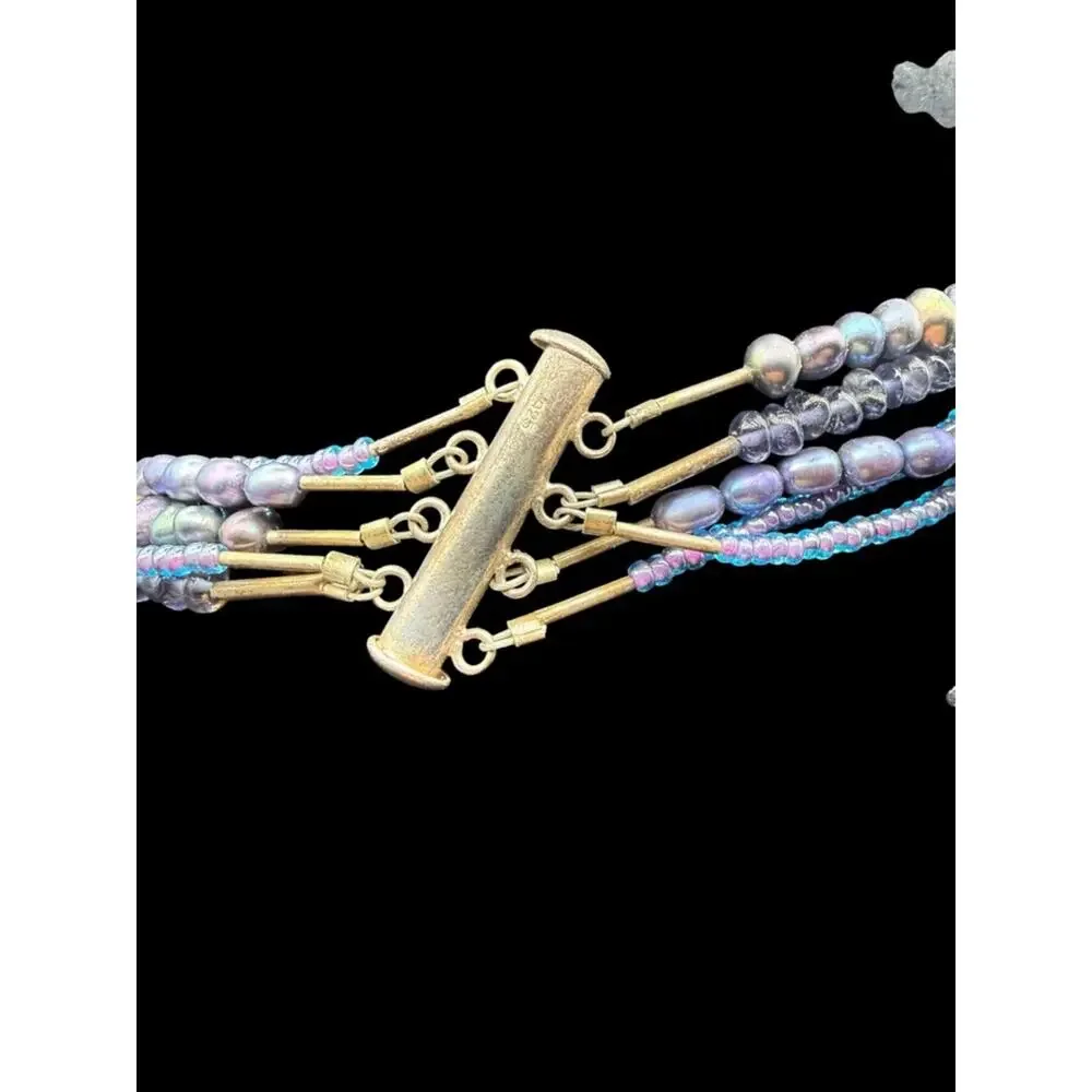 Sterling Silver 925 Multi-Strand Iridescent Blue Pearl Bead Necklace